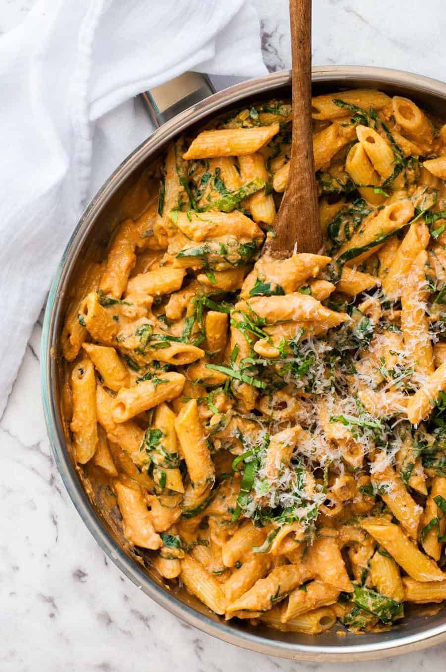 Closeup of Creamy Sun Dried Tomato Pasta