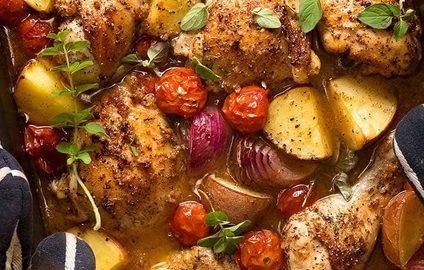 Overhead photo of Mediterranean Baked Chicken Dinner