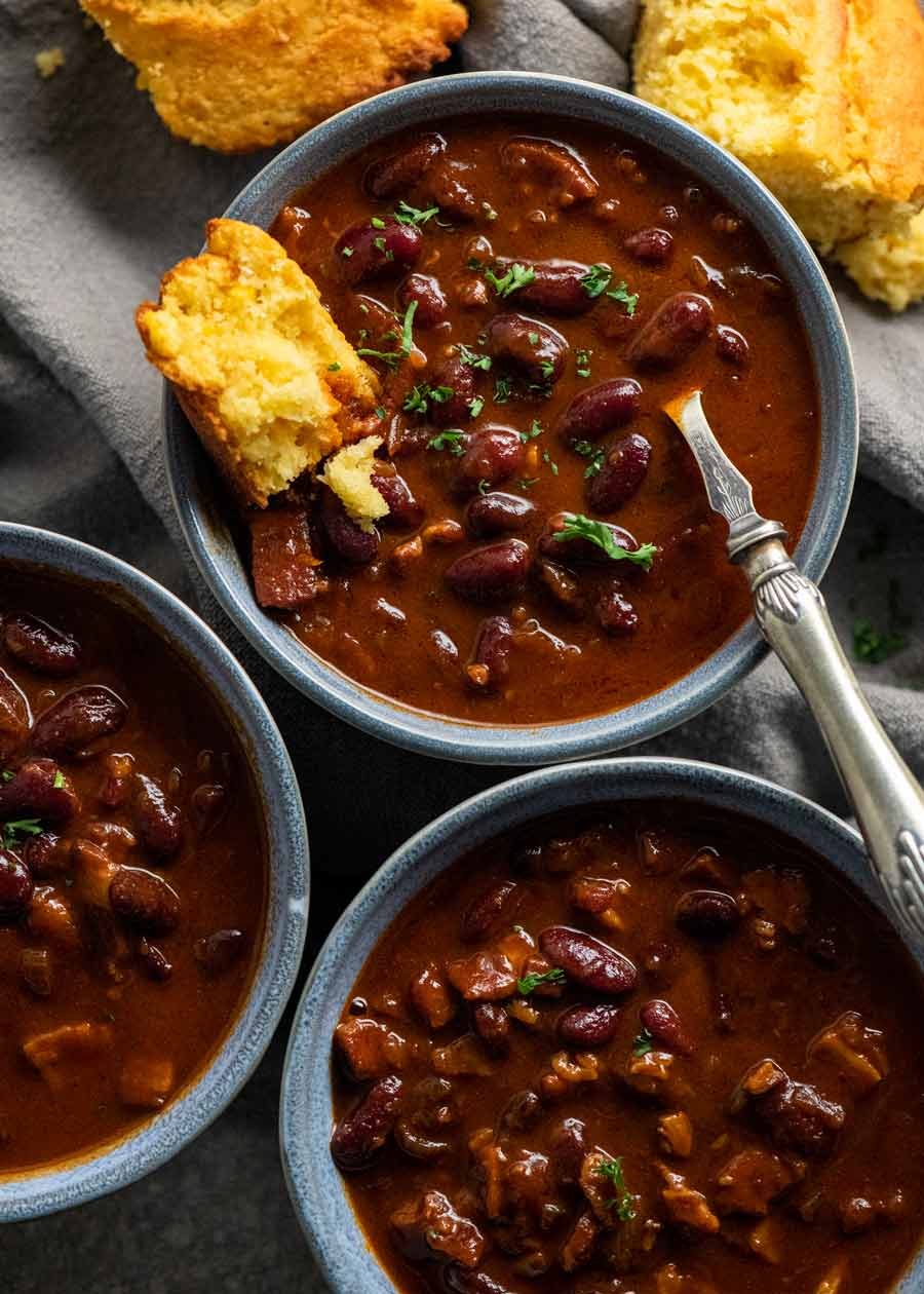 3 bowls of Southern Baked Beans with Bacon