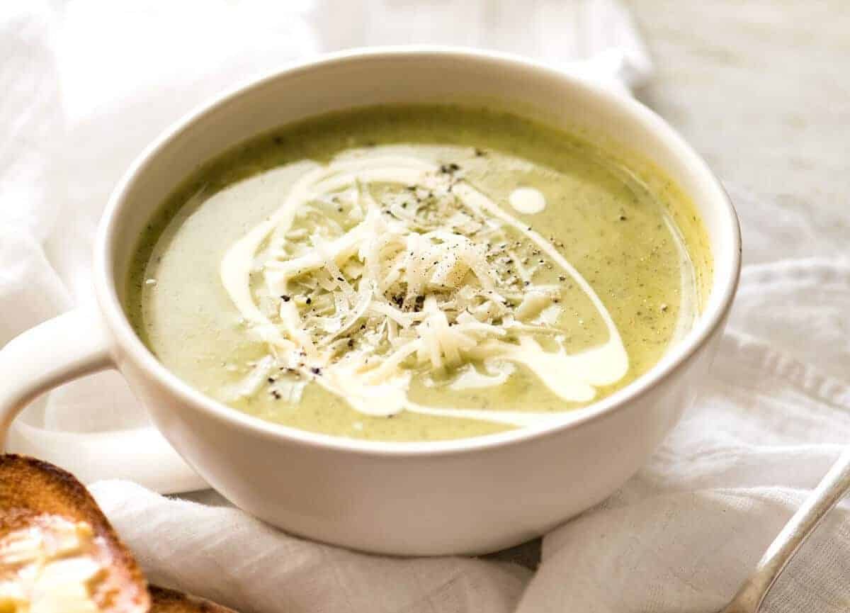 Silky, thick, Healthy Creamy Zucchini Soup. Perfect for dunking in hot crusty bread! www.recipetineats.com