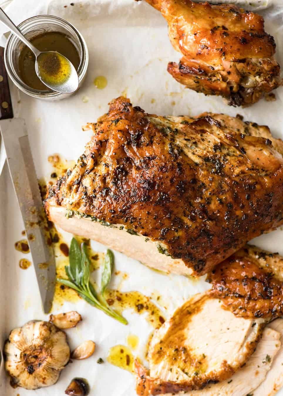 Garlic Herb Butter Roasted Turkey Breast with herb butter under the skin. Quick video tutorial provided. This is food so good, it will make you want to cry! recipetineats.com
