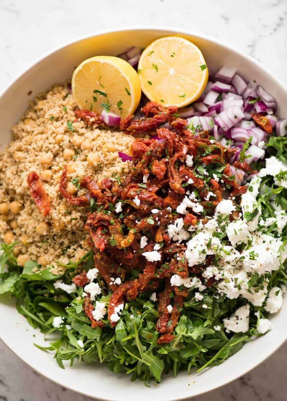 The best 12 minute salad in the world: Couscous Salad with Sun Dried Tomatoes and Feta www.recipetineats.com