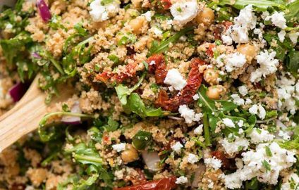 A 12 minute giant no-cook couscous salad with feta and sun dried tomatoes. A terrific side or satisfying lunch - and it keeps well for days!