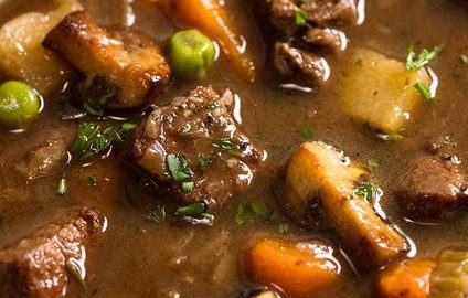 Close up photo of Vegetable Beef Soup with tender, slow cooked beef