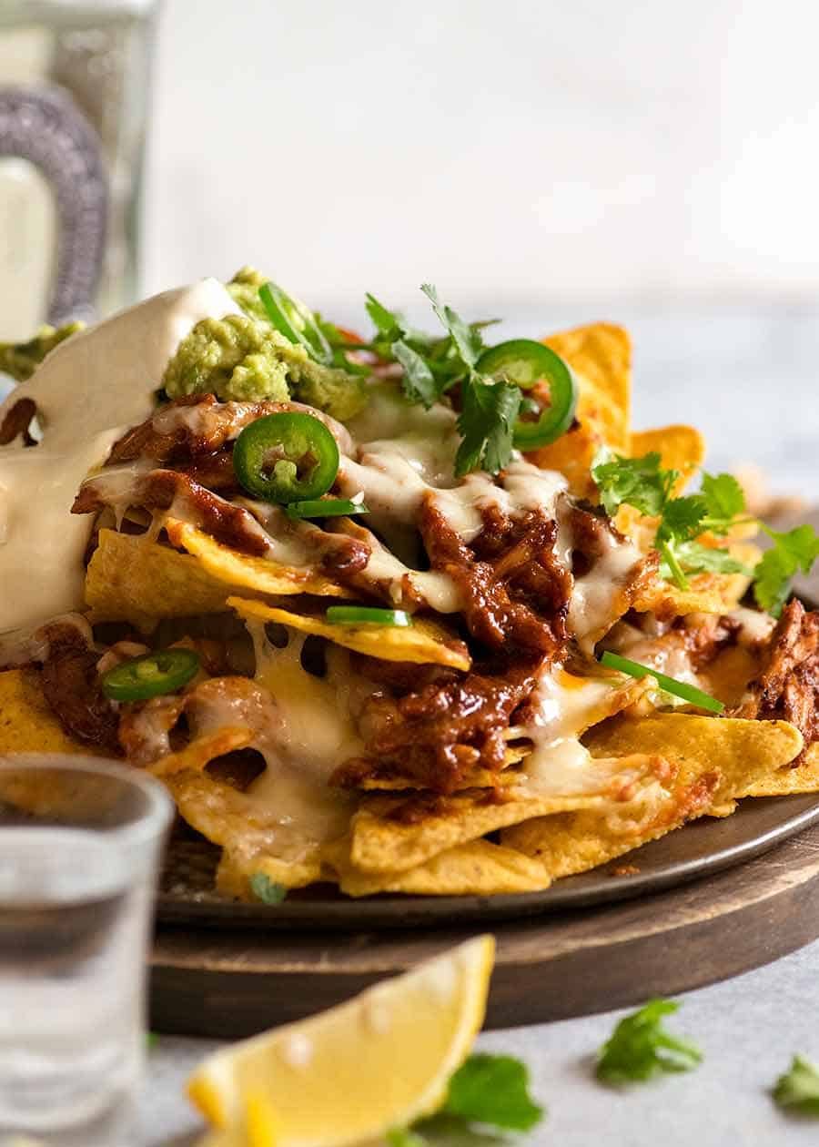 Chicken Nachos fresh out of the oven, ready to eat