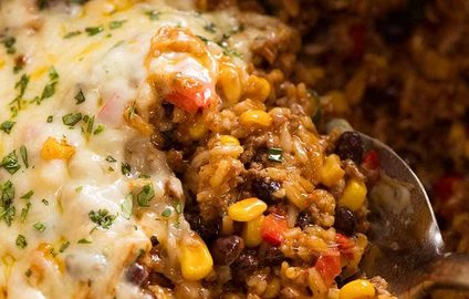 Close up of Mexican Ground Beef Casserole with Rice in a pot, fresh off the stove