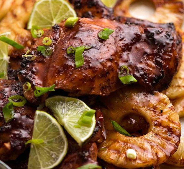 Close up of Hawaiian Huli Huli Chicken with grilled pineapples