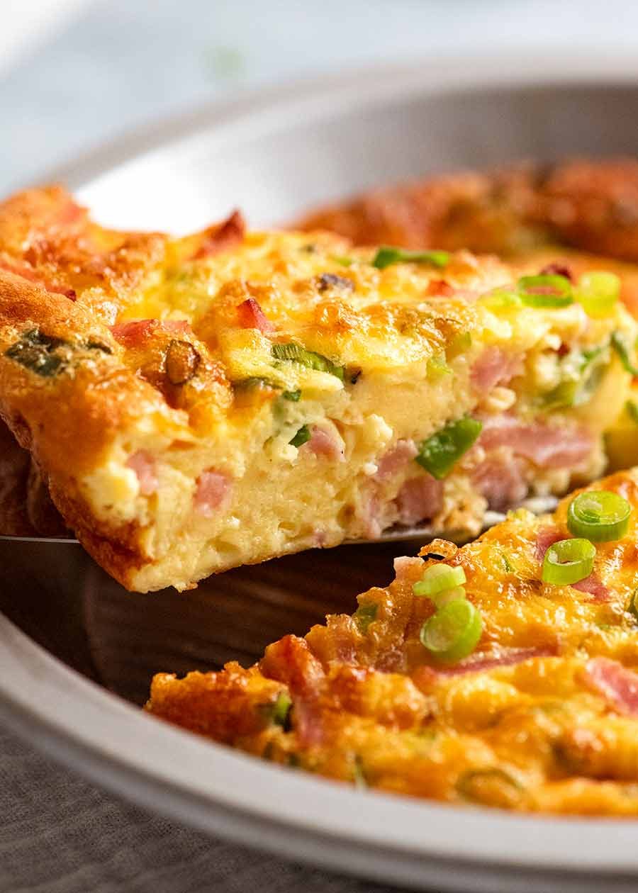 Close up of slice of Crustless Quiche