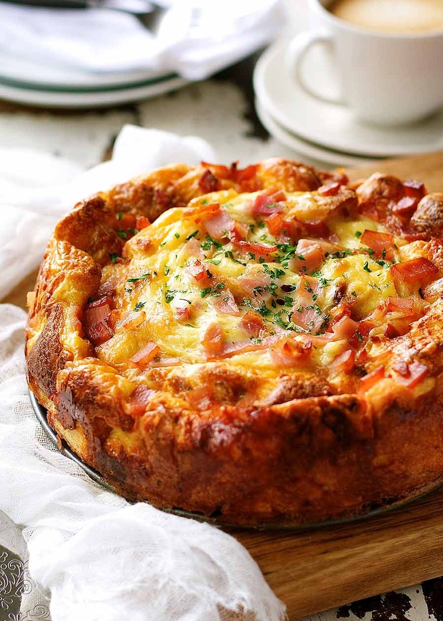 Cheese and Bacon Strata Cake - Breakfast Casserole fresh out of the oven, ready to be served