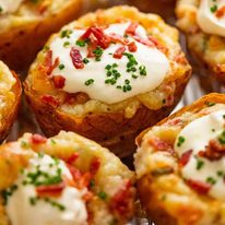 Tray of Stuffed Baked Potatoes (Twice Baked Potatoes) fresh out of the oven