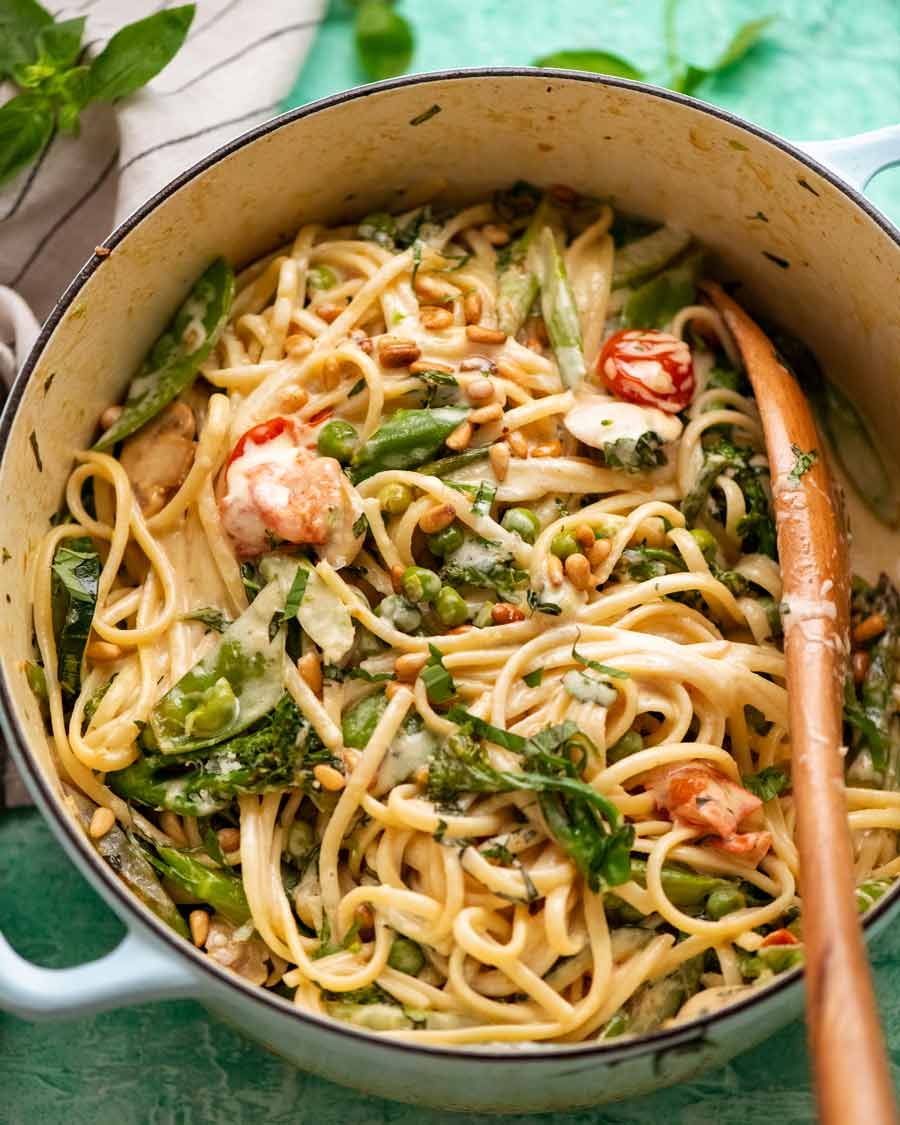 Big pot of freshly cooked Pasta Primavera