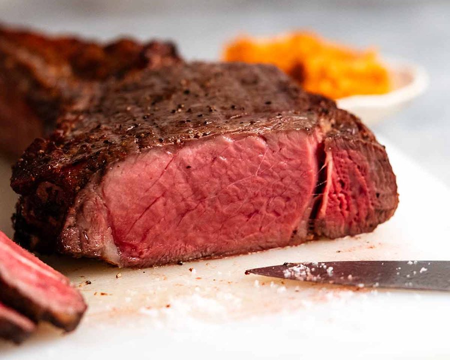 Tomahawk steak cooked in oven grill / broiler